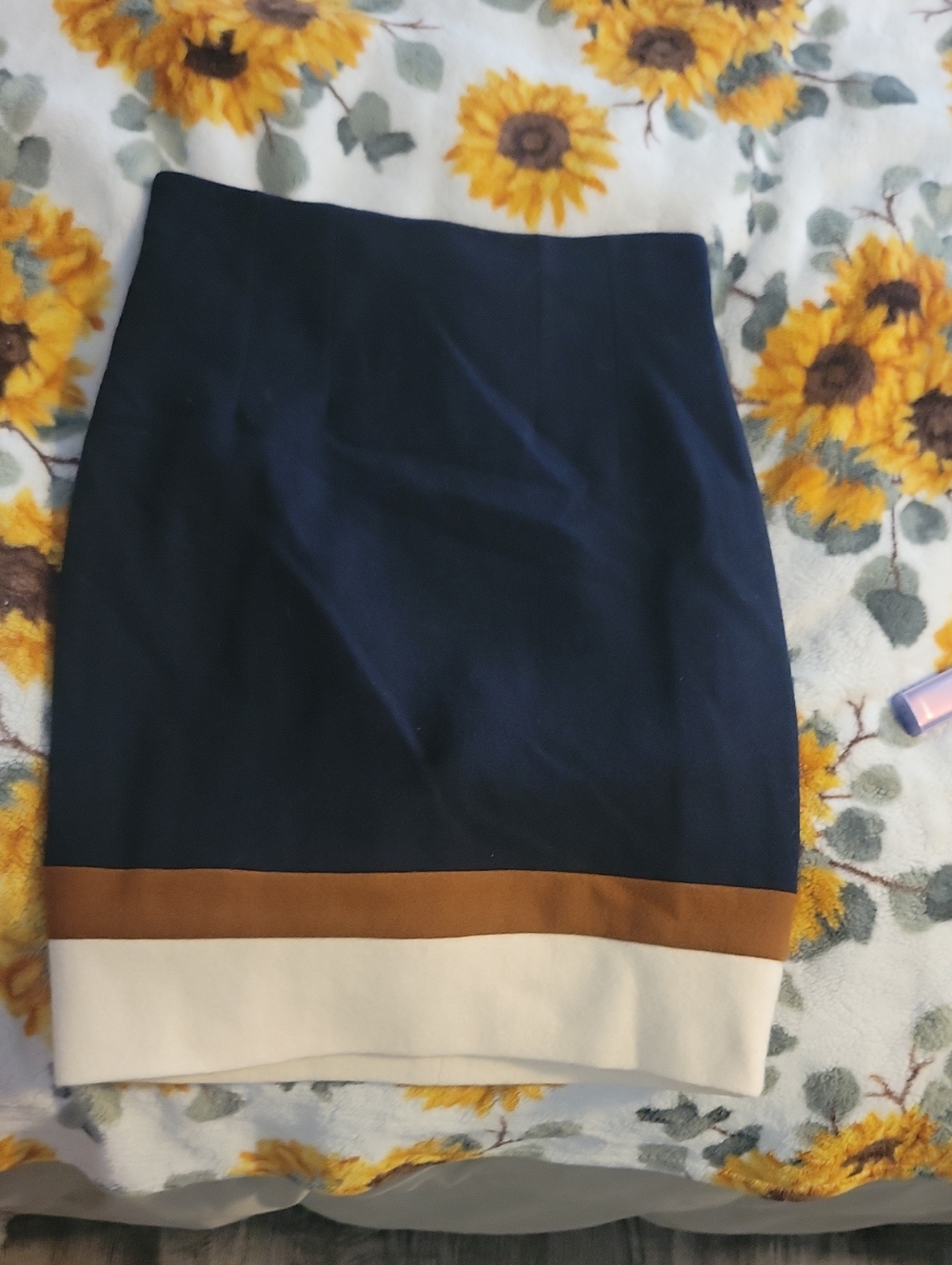 Les Copains Navy Pencil Skirt with Tan and Cream Hem